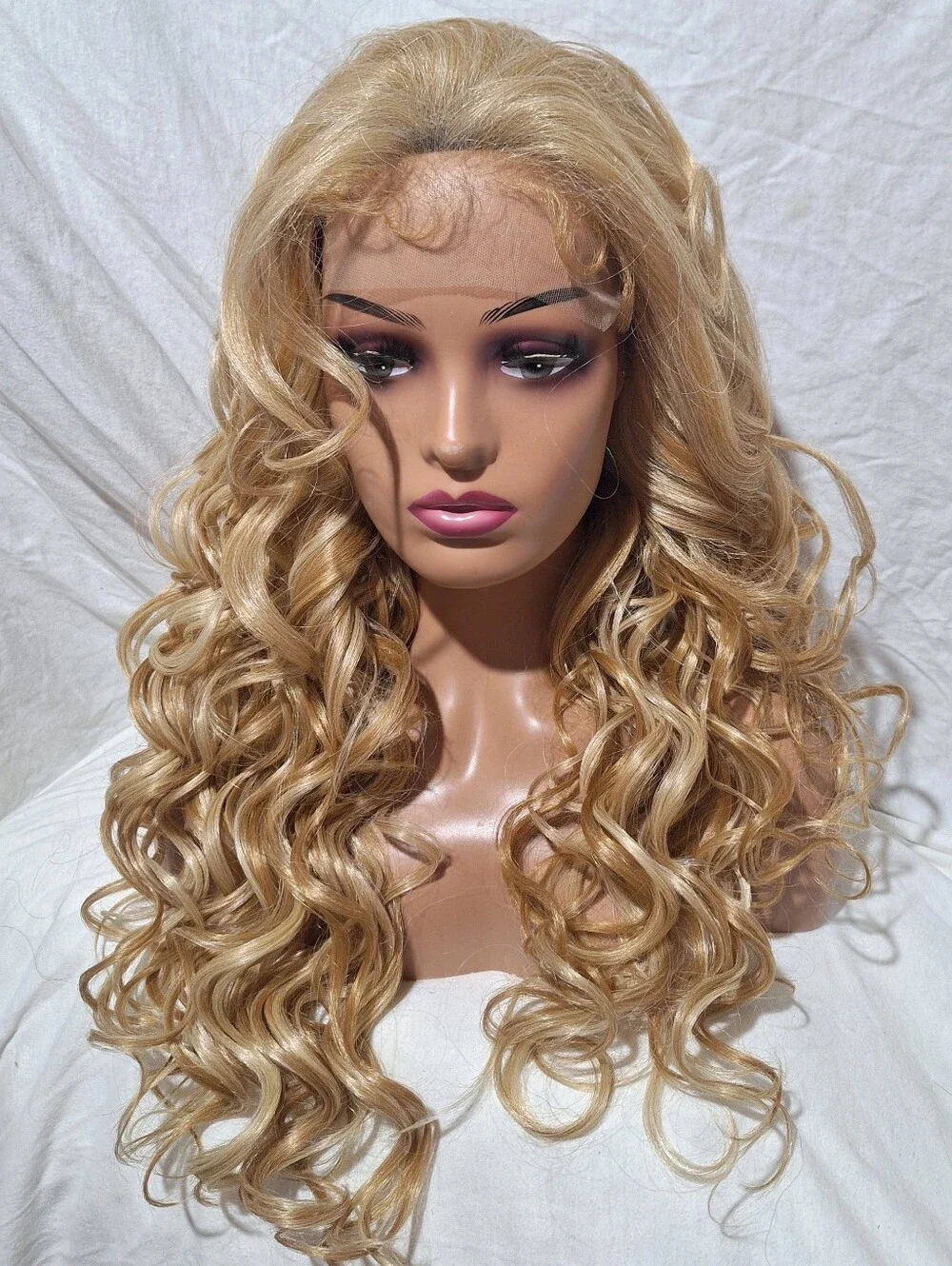 Blonde Long Curly Lace Front Wig - Human Hair Blend Wig
